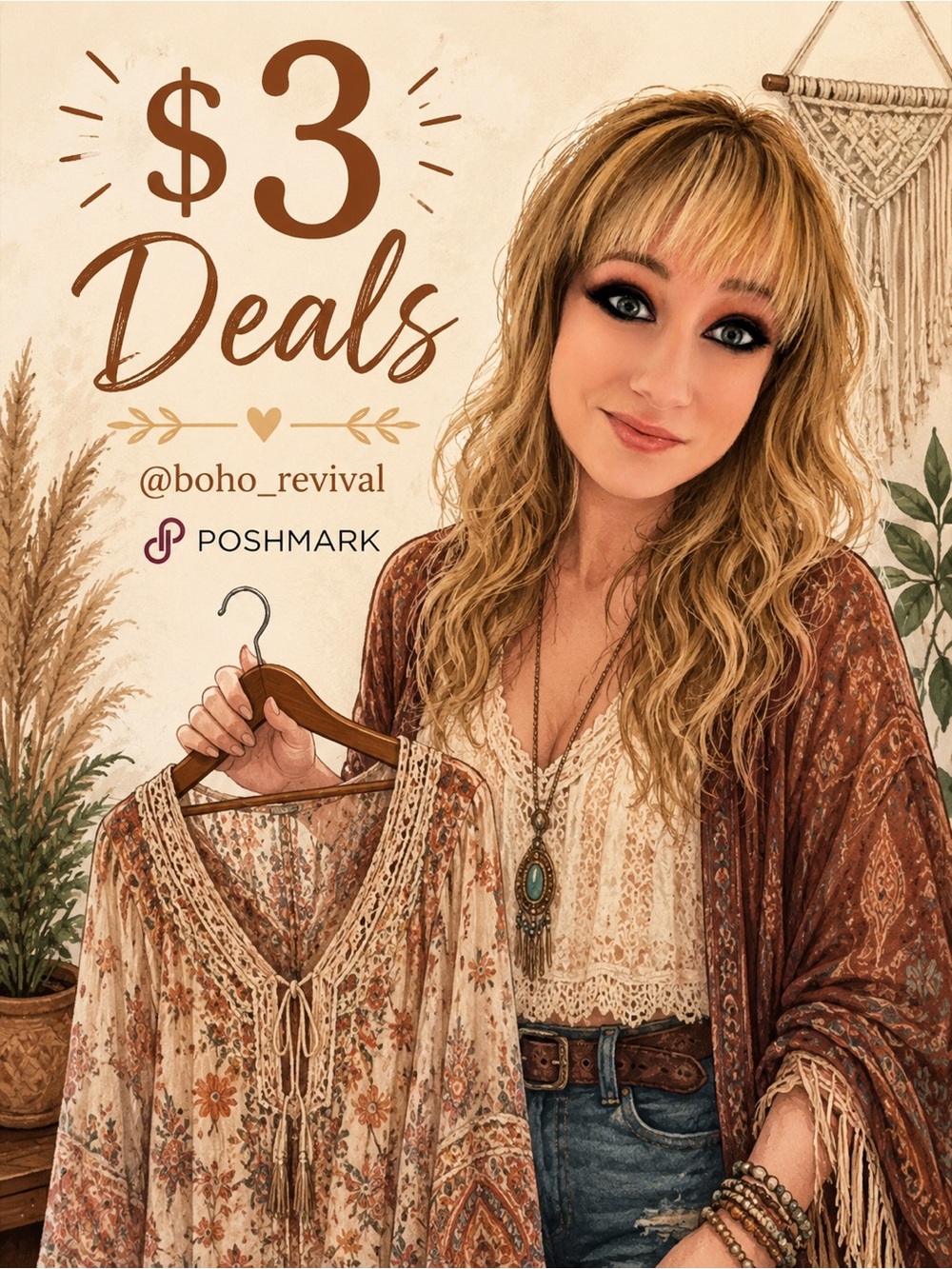 Boho Floral Tie-Front Peasant Top - Cream and Brown